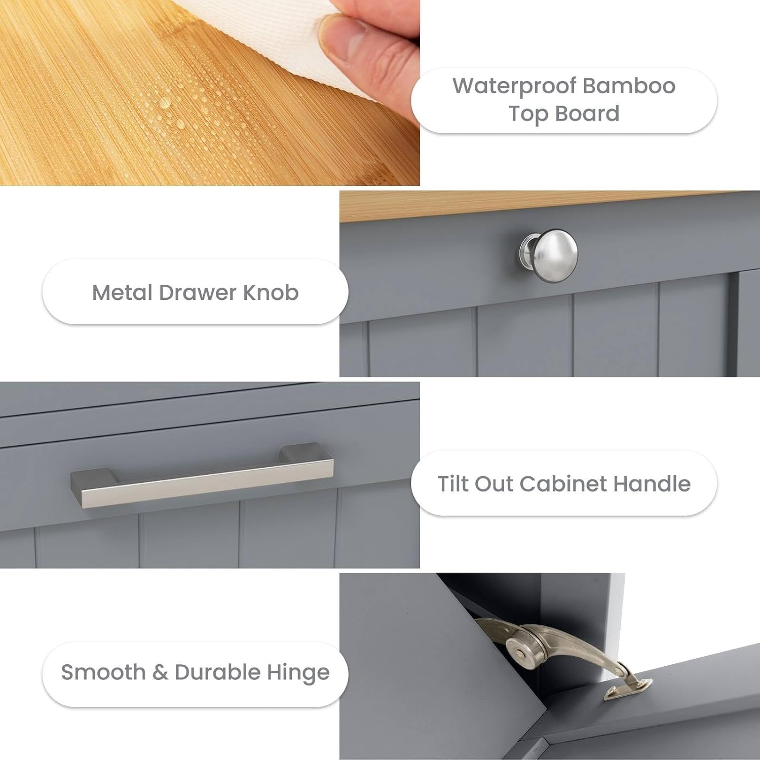 Grey 30L Tilt-Out Laundry Cabinet With Drawer Bamboo Top Modern Storage
