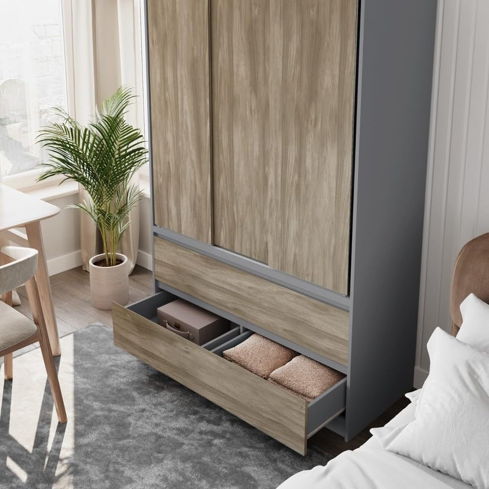 Oak Sliding Door Wardrobe with 4 Drawers & Hanging Rail – Space Saver