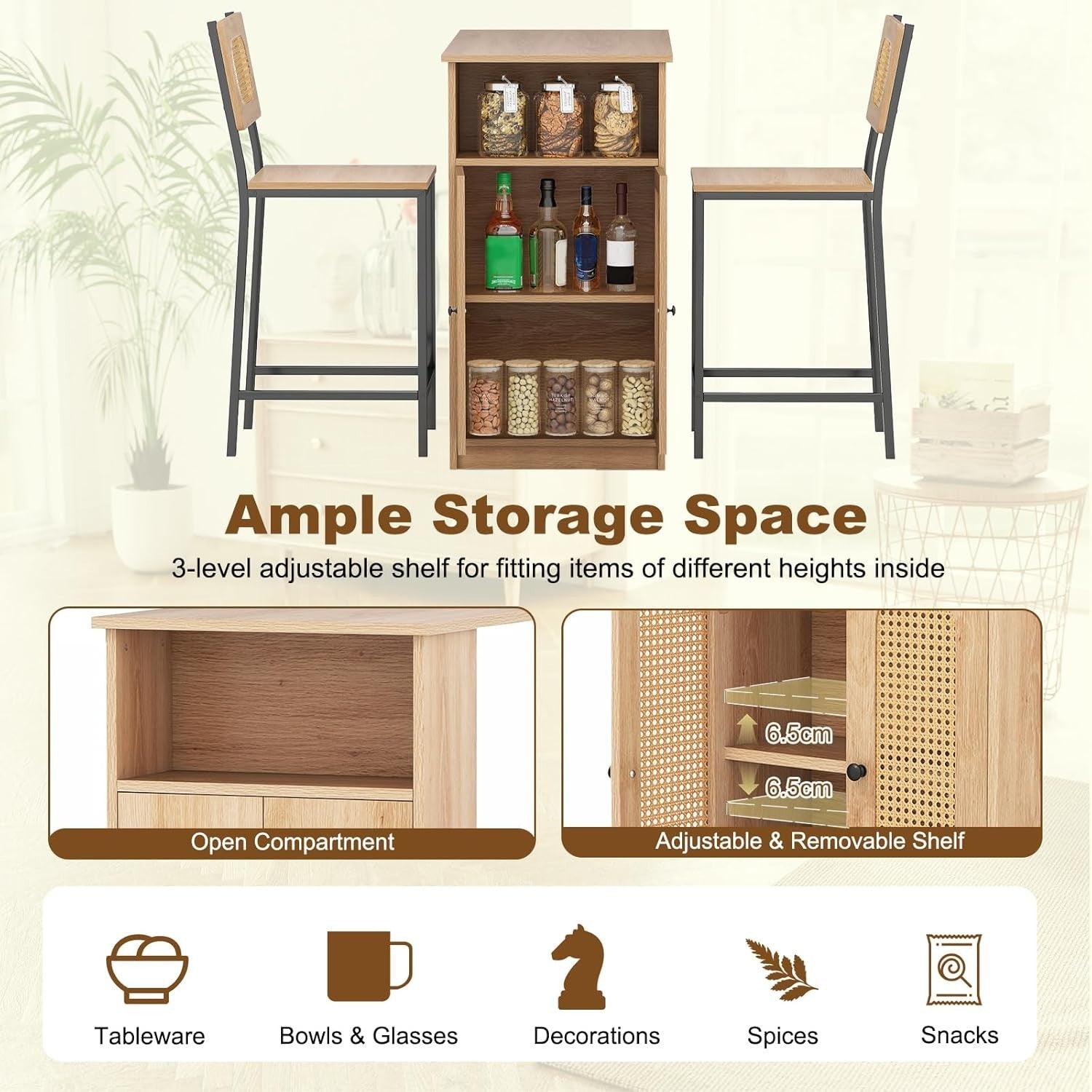 3Pcs Rattan Bar Table Set with Storage Cabinet & 2 Chairs Natural Wood Furniture