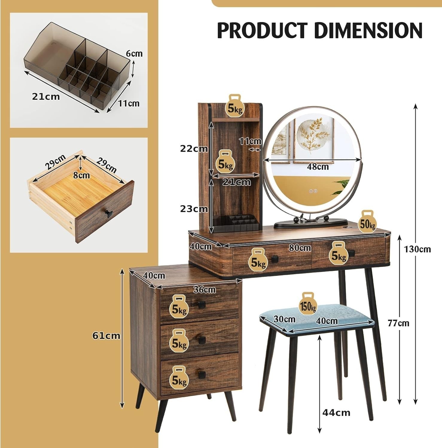 Vanity Makeup Dressing Table Set w/ LED Mirror Stool Storage Charging Station