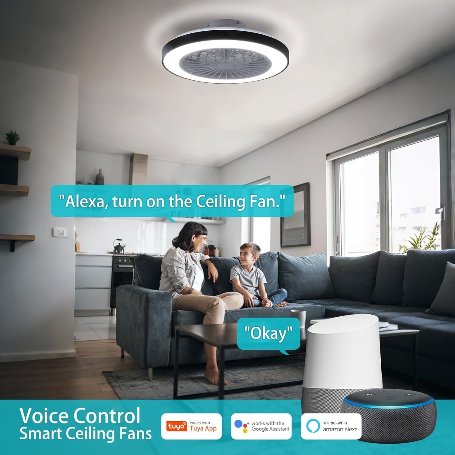Smart Ceiling Fan, Alexa Control, 6 Speeds, Dimmable Light, Black