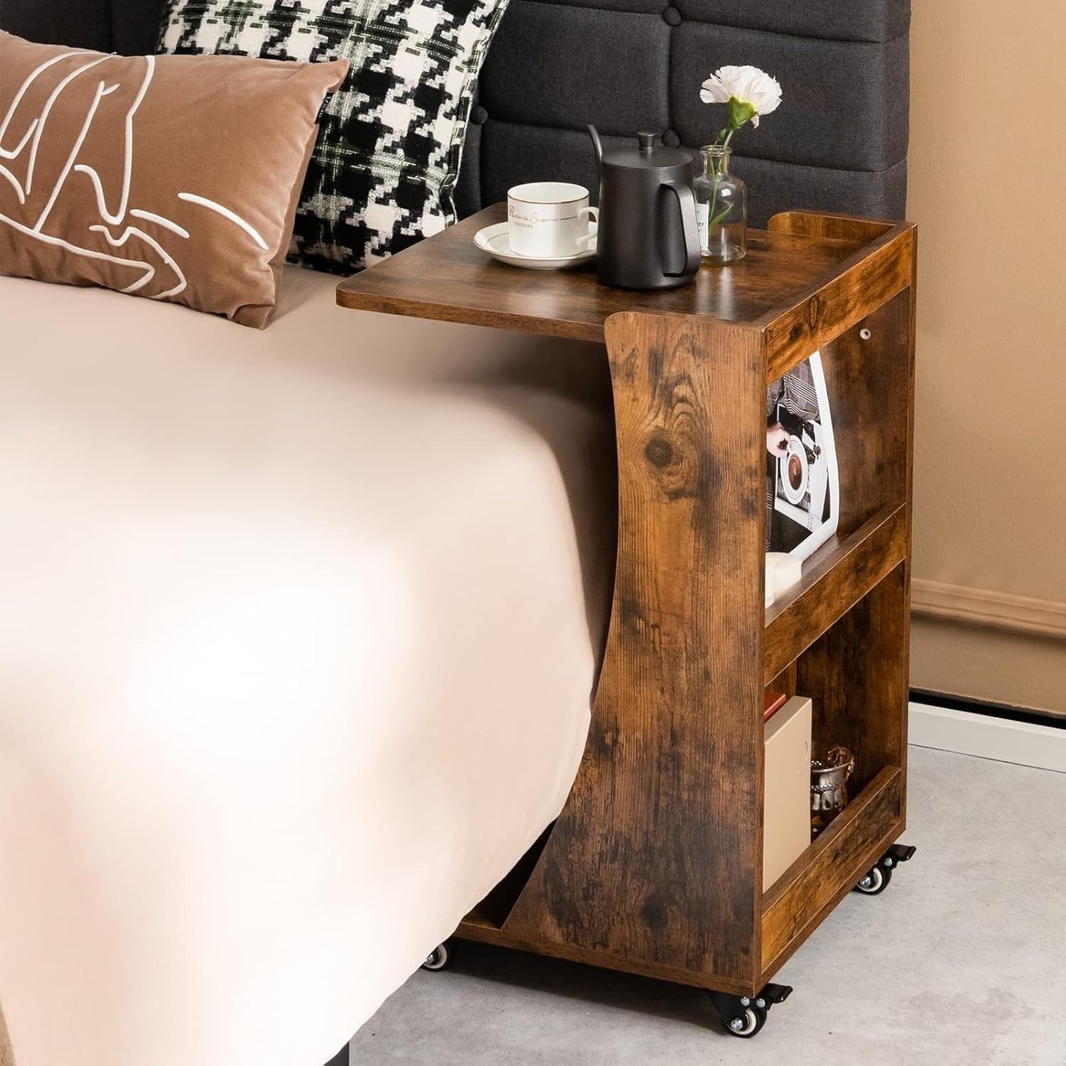 C-Shaped Sofa Side Table with Wheels & Storage – Overbed Snack Coffee Stand
