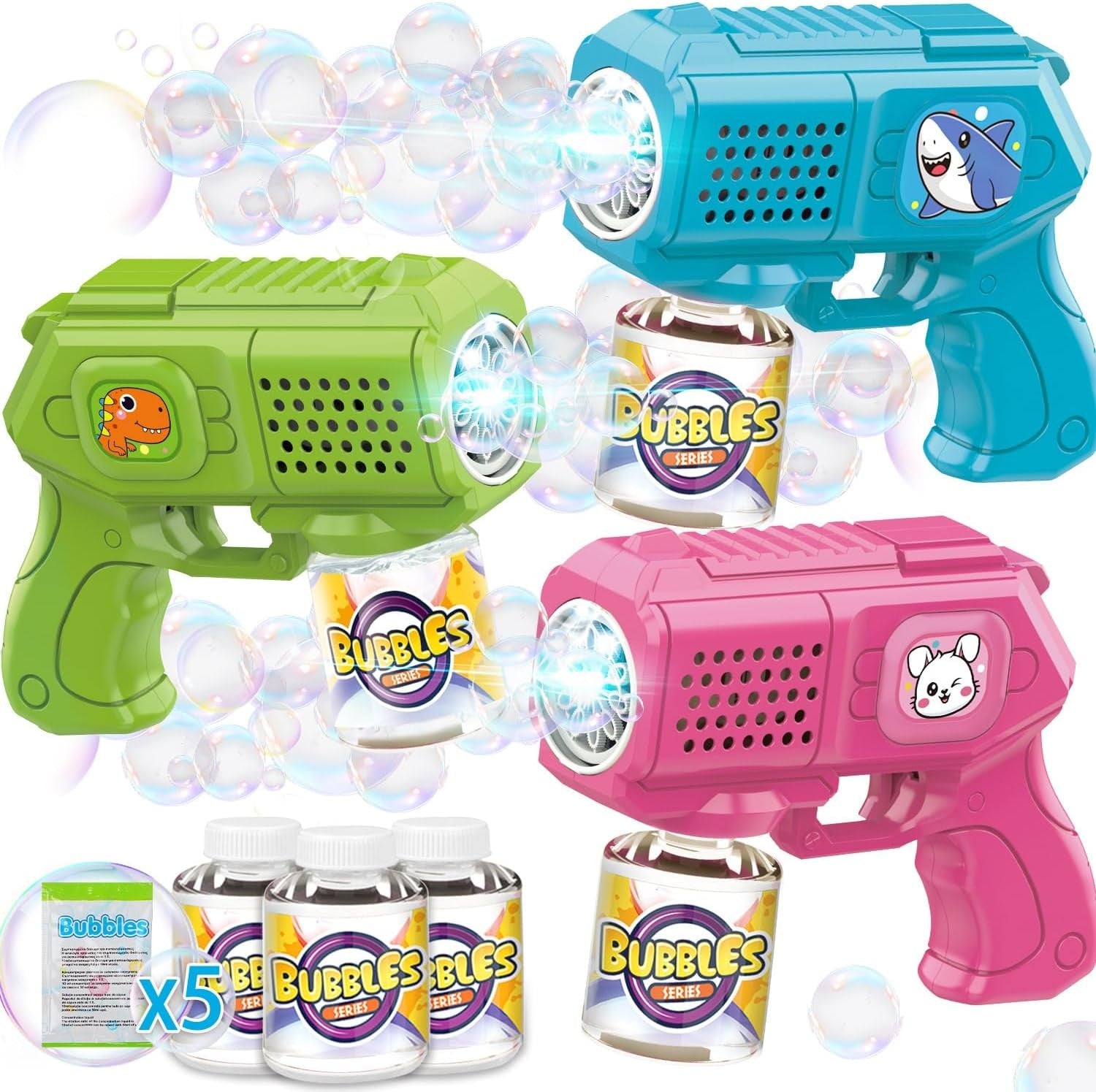 3 Pack Light Up Bubble Guns Kids Party Toy Set with Solution