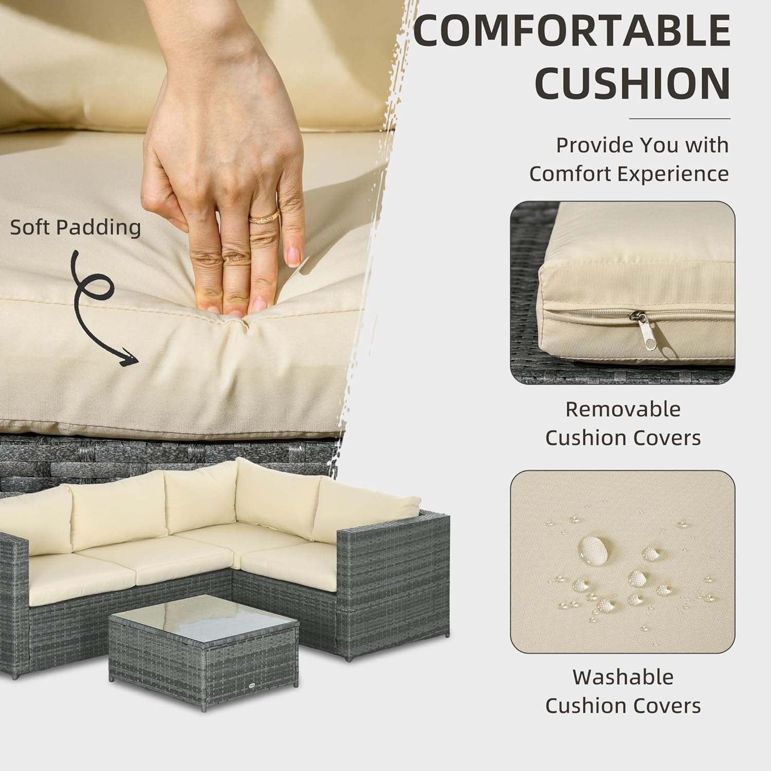4 Seater PE Rattan Garden Sofa Set with Thick Cushions & Glass Table