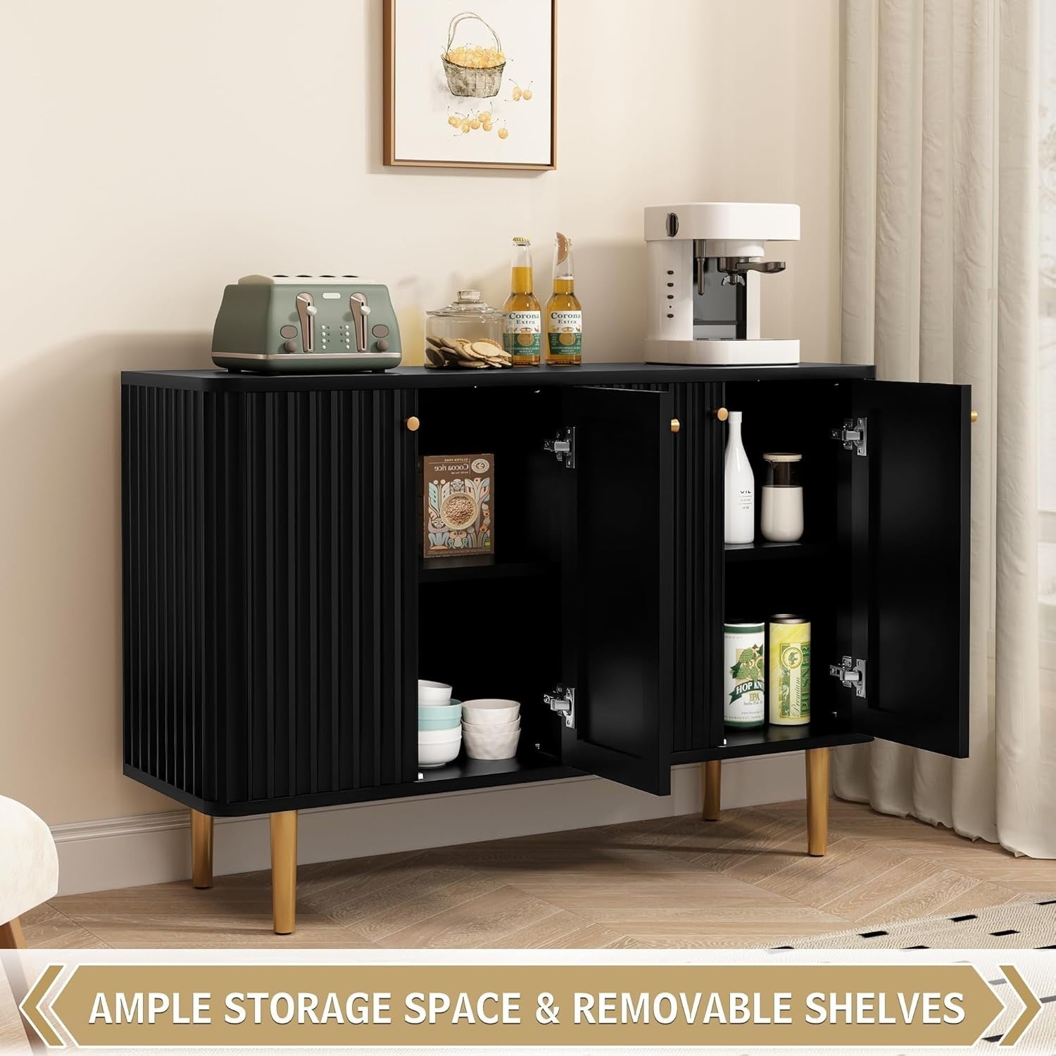 Modern 4-Door Buffet Sideboard Cabinet with Gold Accents & Ample Storage