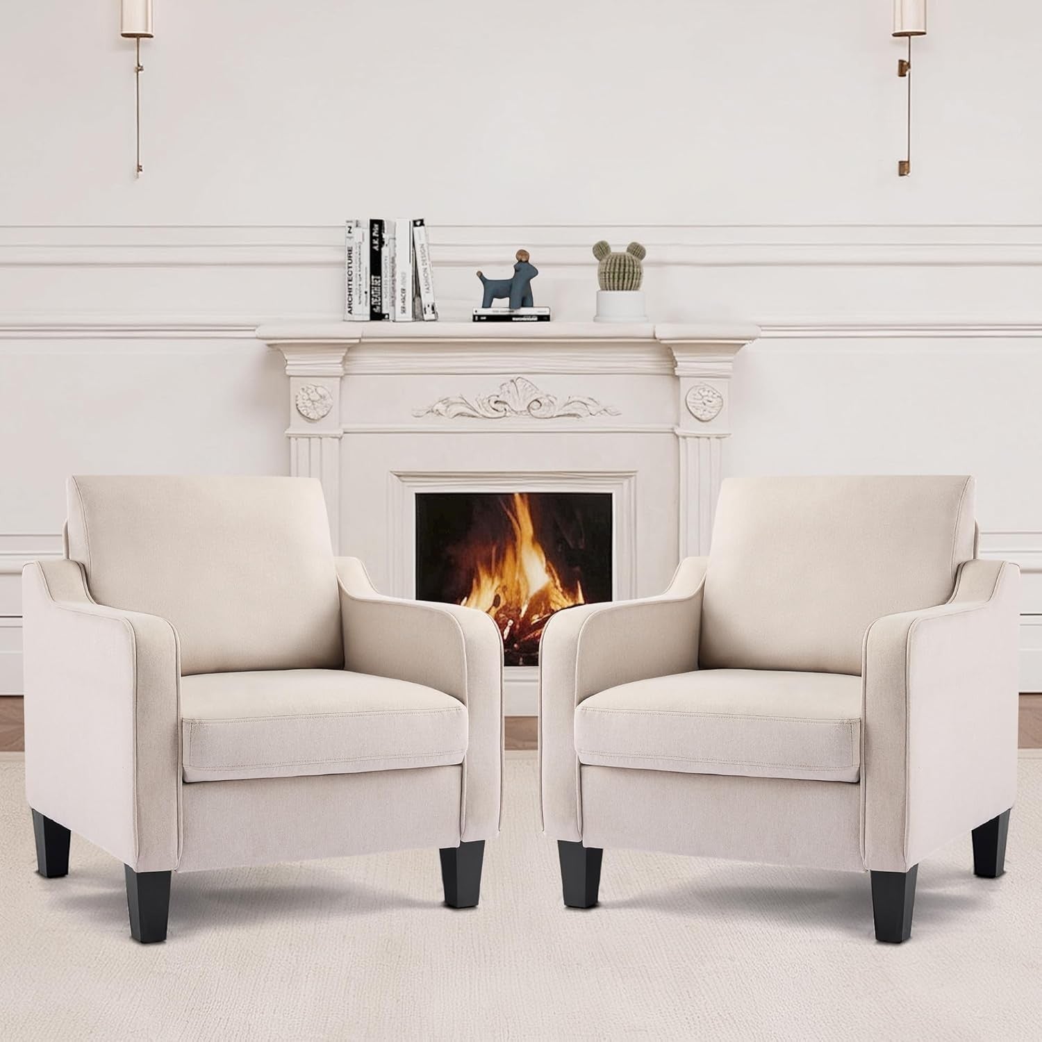 Set of 2 Mid Century Modern Accent Armchairs Linen Beige