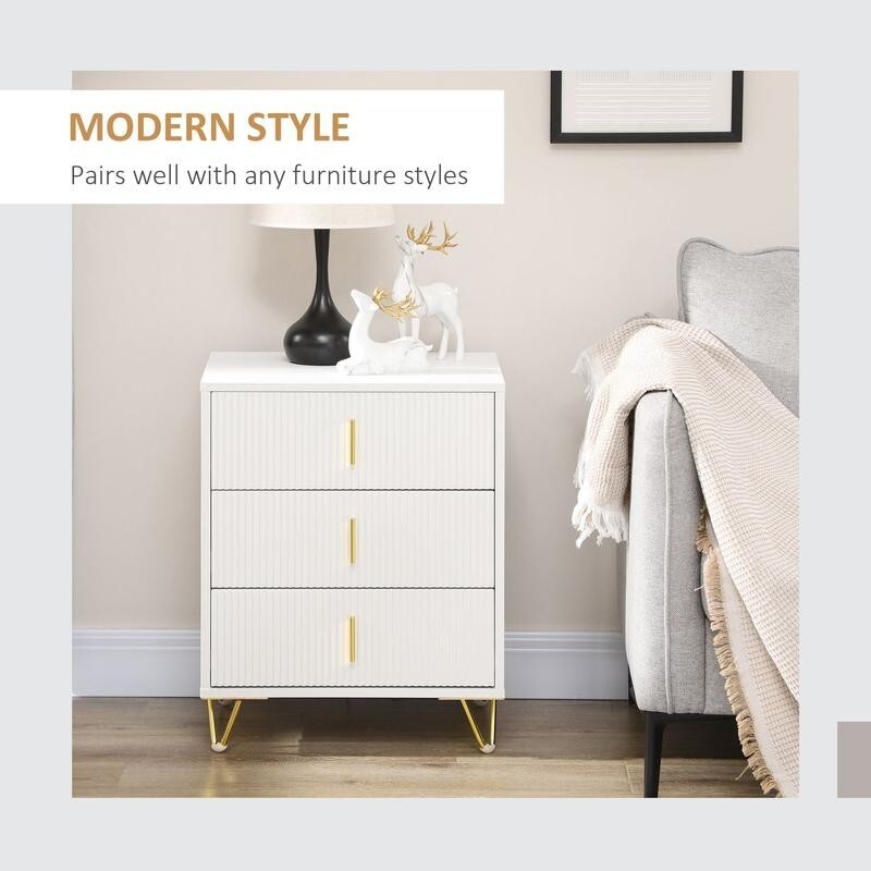 Modern White 3 Drawer Dresser with Gold Legs & Handles Bedroom Storage