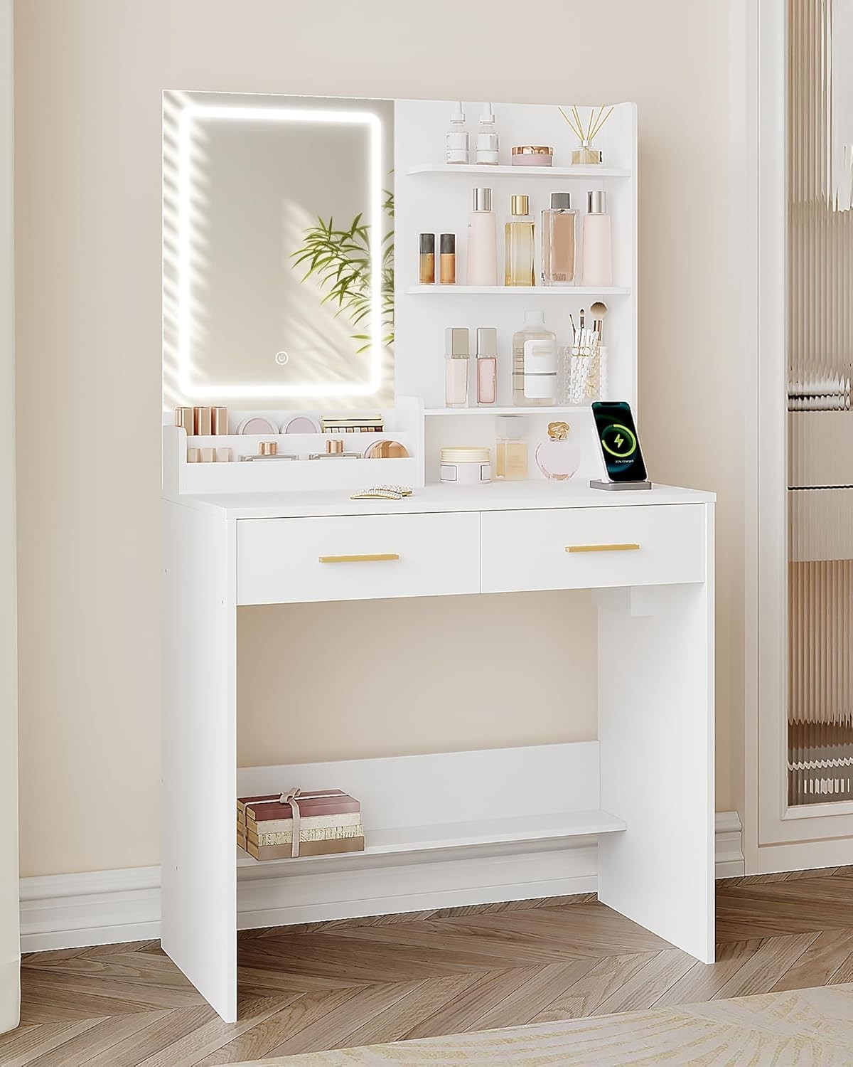 White Vanity Desk with LED Mirror & Charging Station Makeup Table Storage