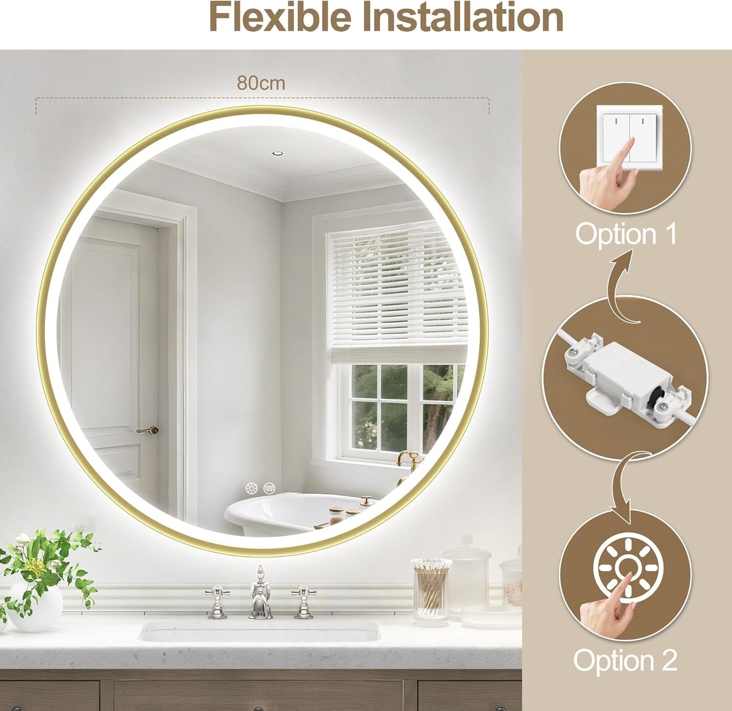 LED Bathroom Mirror 80x80cm Anti-Fog Dimmable Gold Frame Waterproof