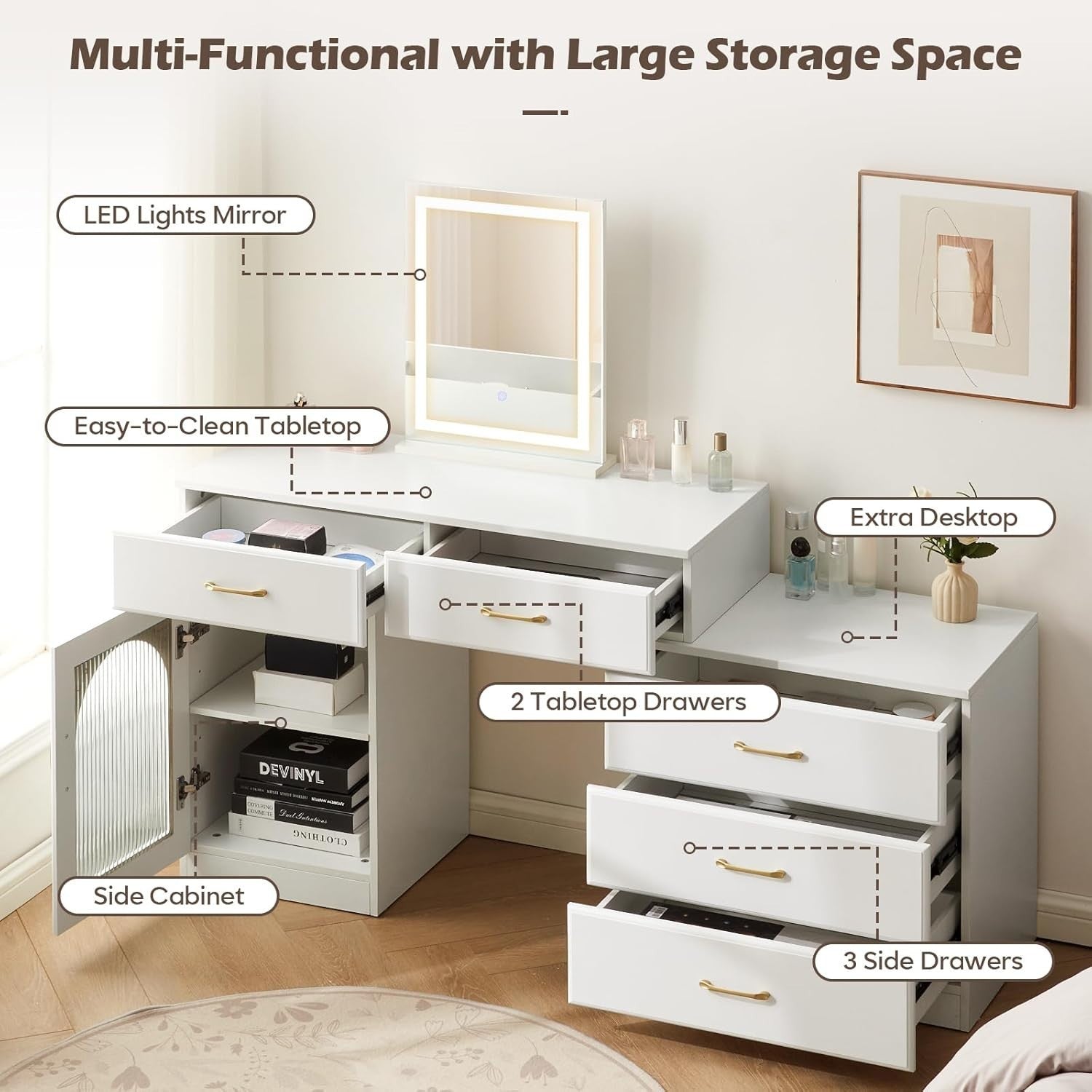 Modern LED Vanity Dressing Table Desk Makeup Dresser 5 Drawer Cabinet Storage