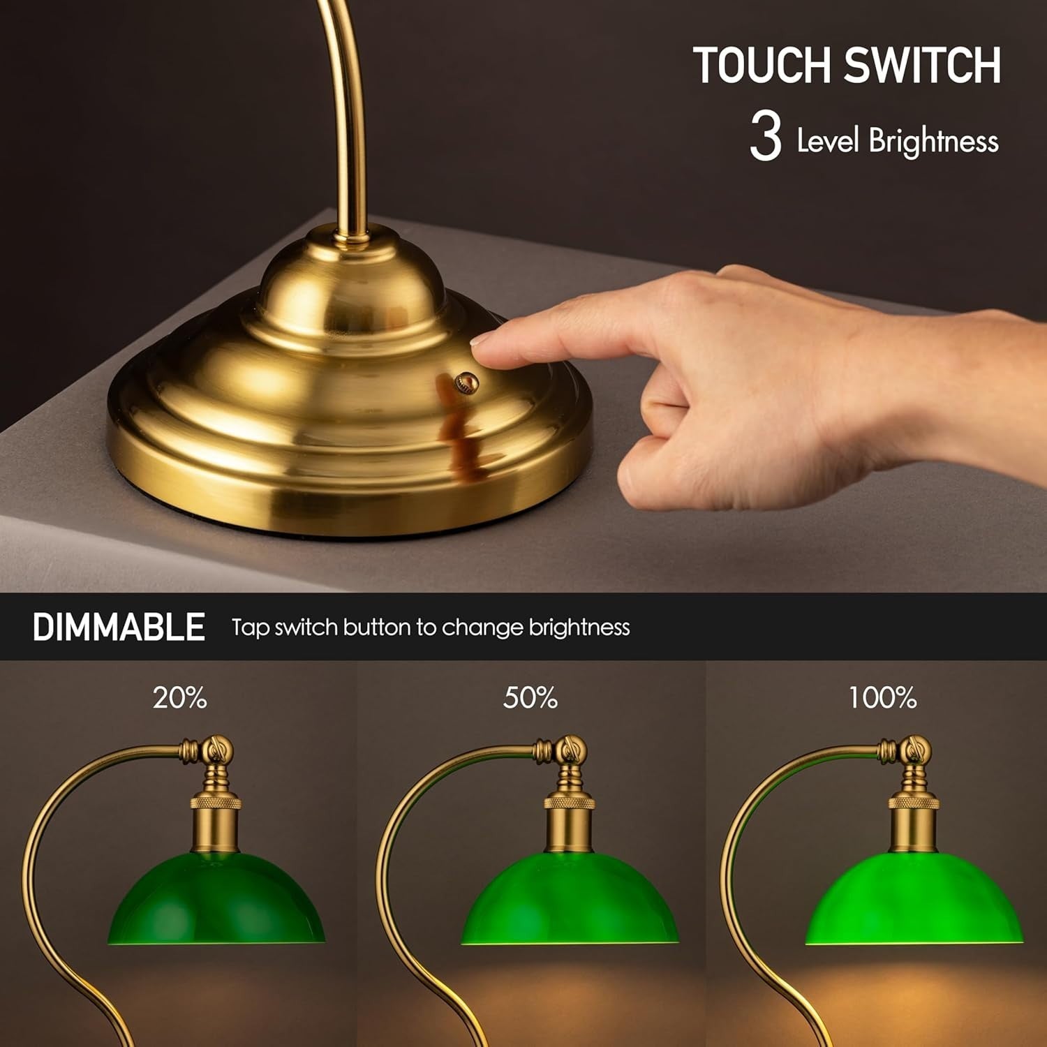 Cordless LED Desk Lamp with USB-C, 3-Level Dimming & 180° Swivel, Green Glass