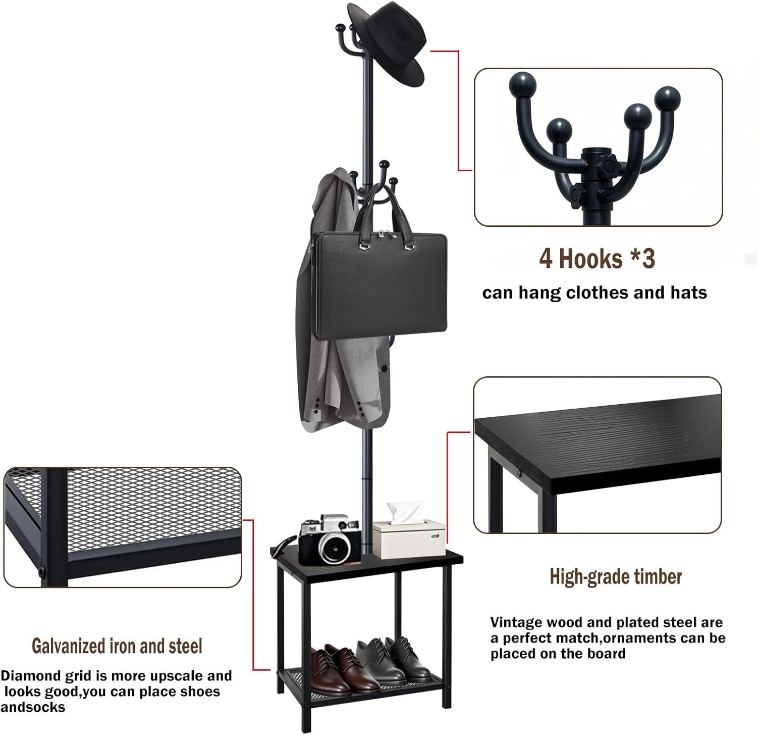 Rustic Black Hall Tree Coat Rack with Bench & Shoe Storage | 12 Hooks Stand