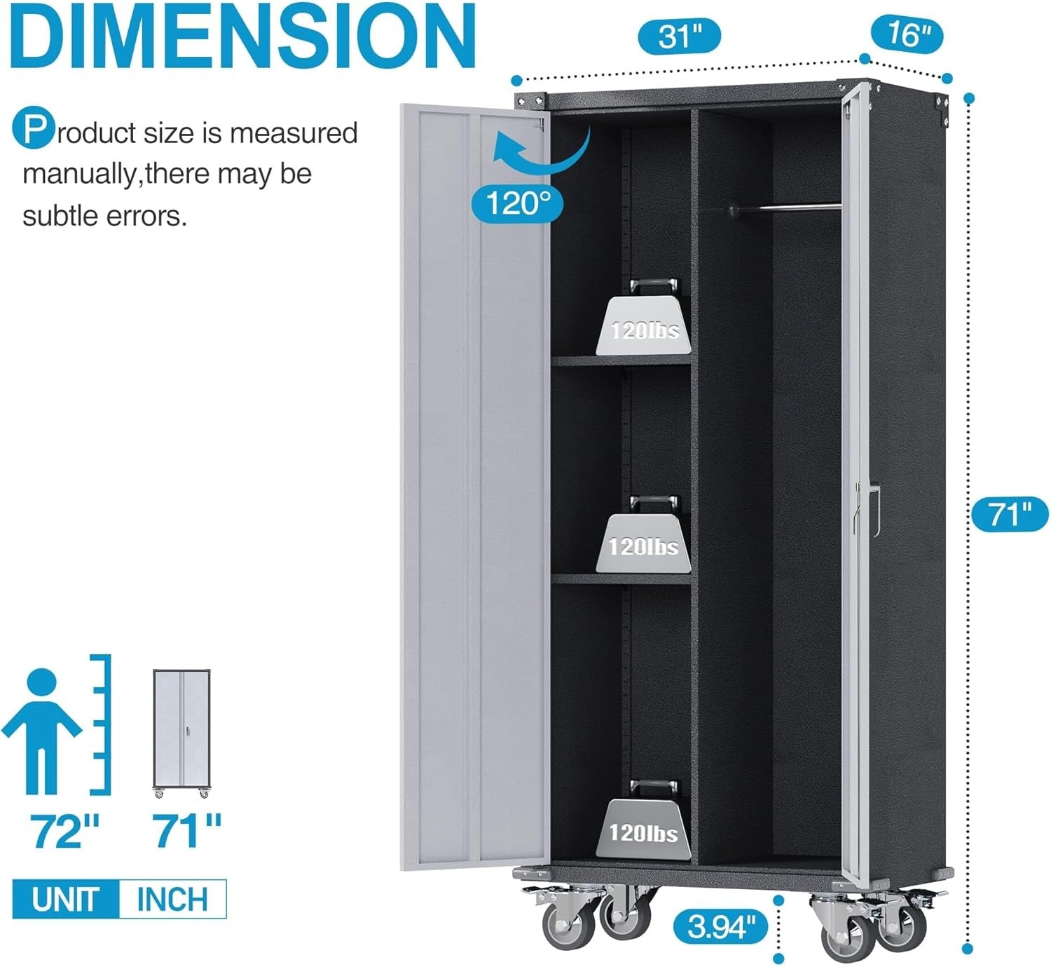 Tall Metal Storage Cabinet 180cm Lockable Doors Shelves Wheels Broom Closet