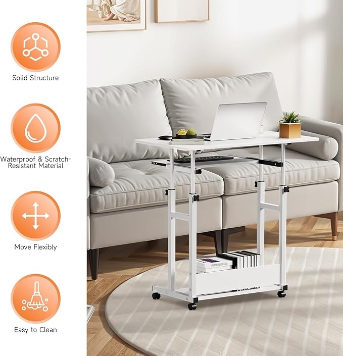 Mobile Computer Desk Adjustable Height Laptop Table with Wheels 80x45cm