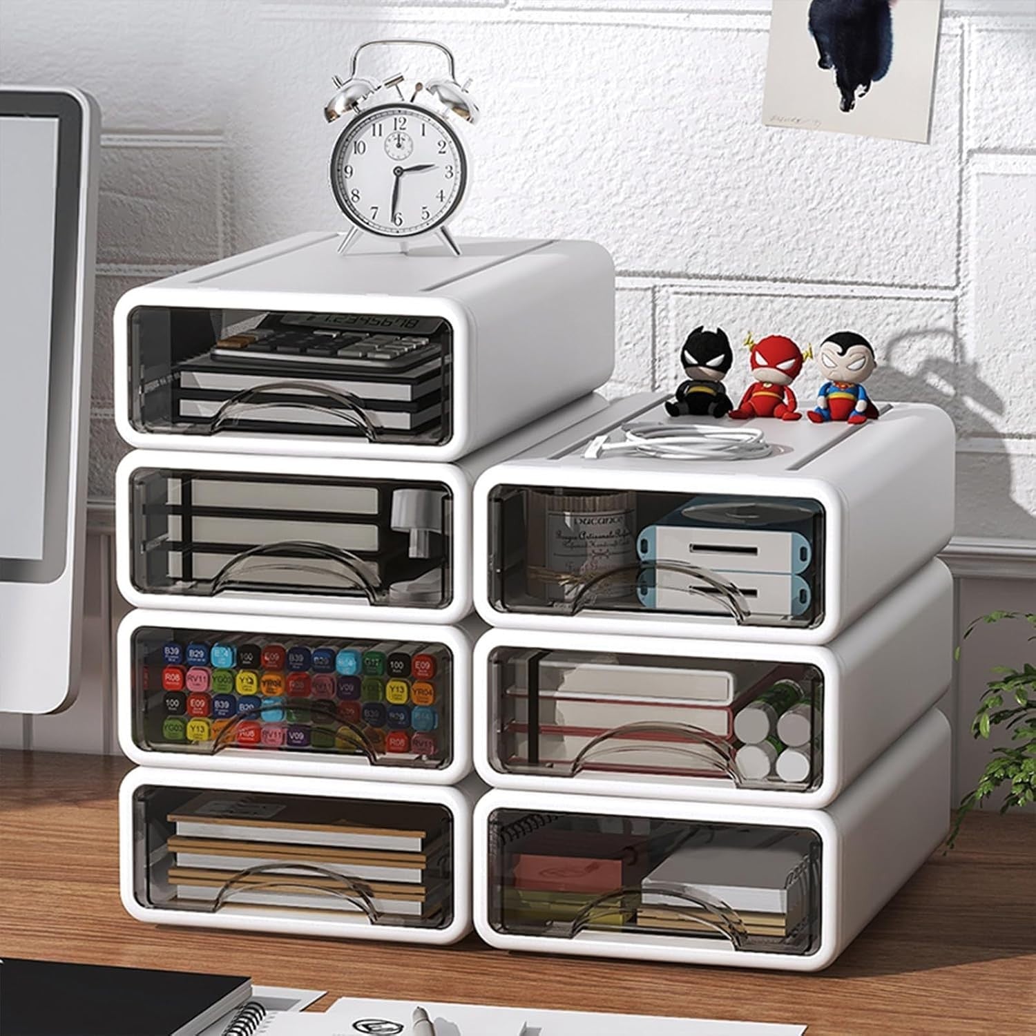 White Desk Organizer 2 Small + 2 Medium Drawers Stackable Storage