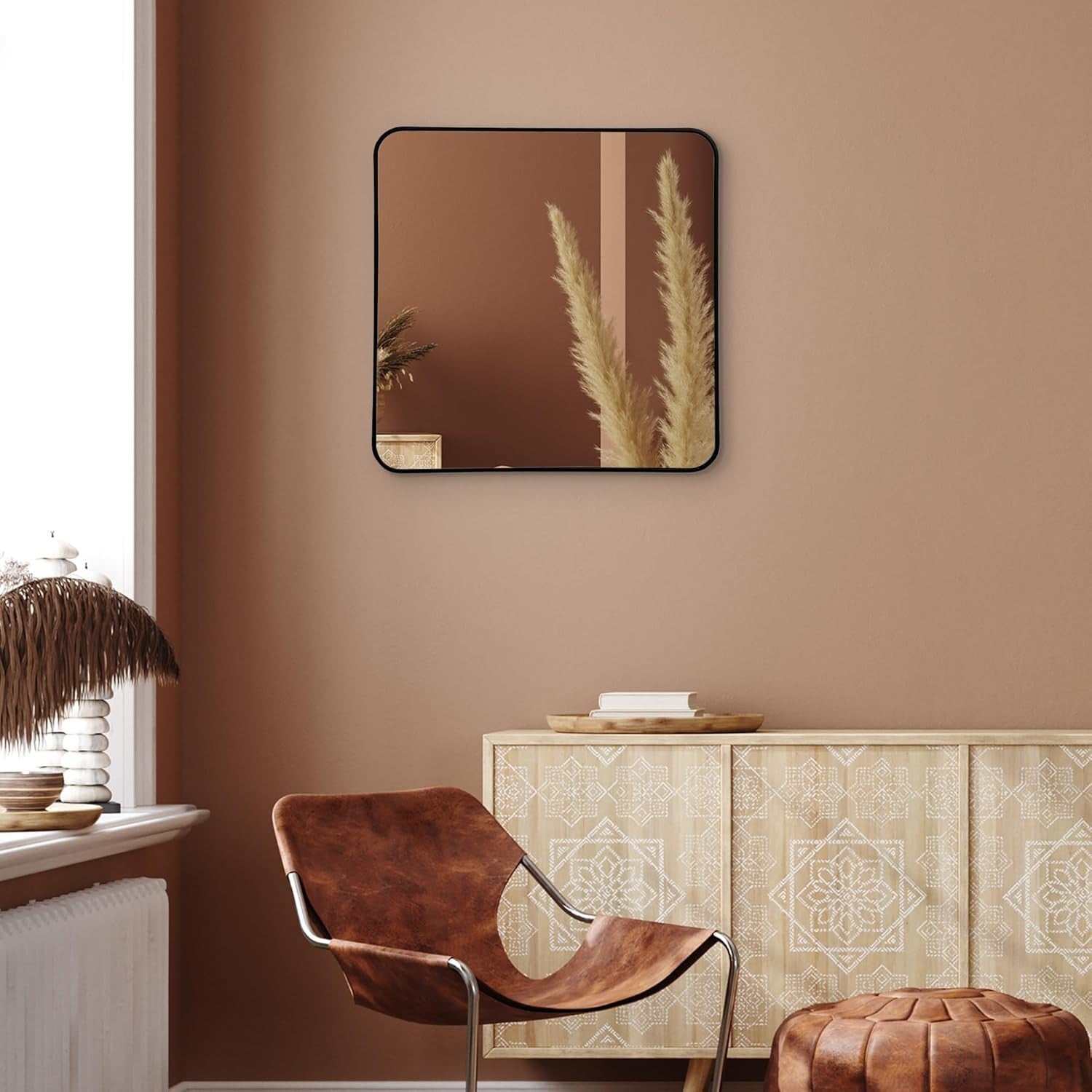 Large Square Wall Mirror 60x60cm Black Frame, Rounded Corners, Modern