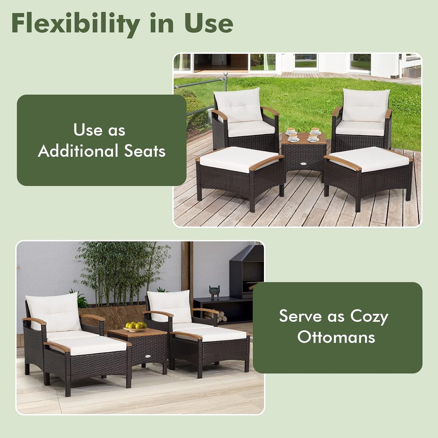 5PC Rattan Patio Furniture Set w/ Chairs Ottomans Table Cushions Garden