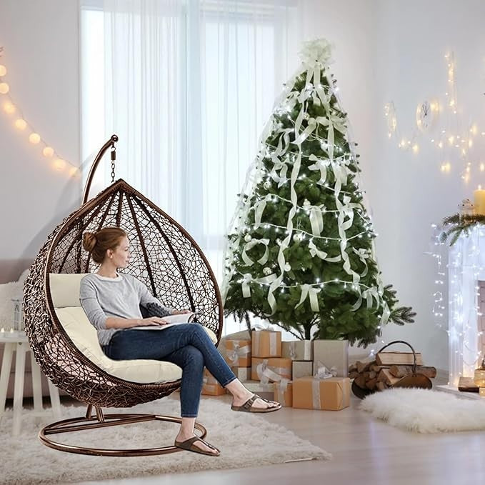 Outdoor Egg Chair Hanging Rattan Swing with Cushion & Steel Frame Garden Patio