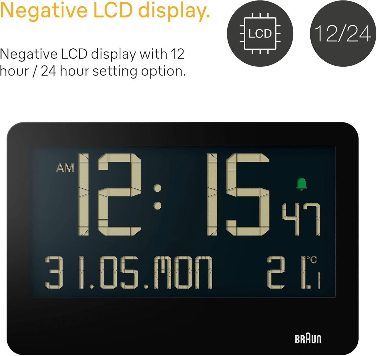 Large Digital Wall Clock Reverse LCD Display Temp Date Weekday Alarm Black