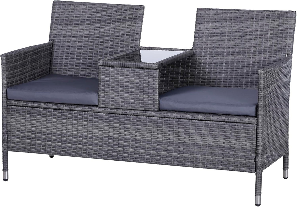 2-Seater Outdoor Rattan Garden Sofa with Cushions & Table, Grey Patio