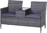 2-Seater Outdoor Rattan Garden Sofa with Cushions & Table, Grey Patio