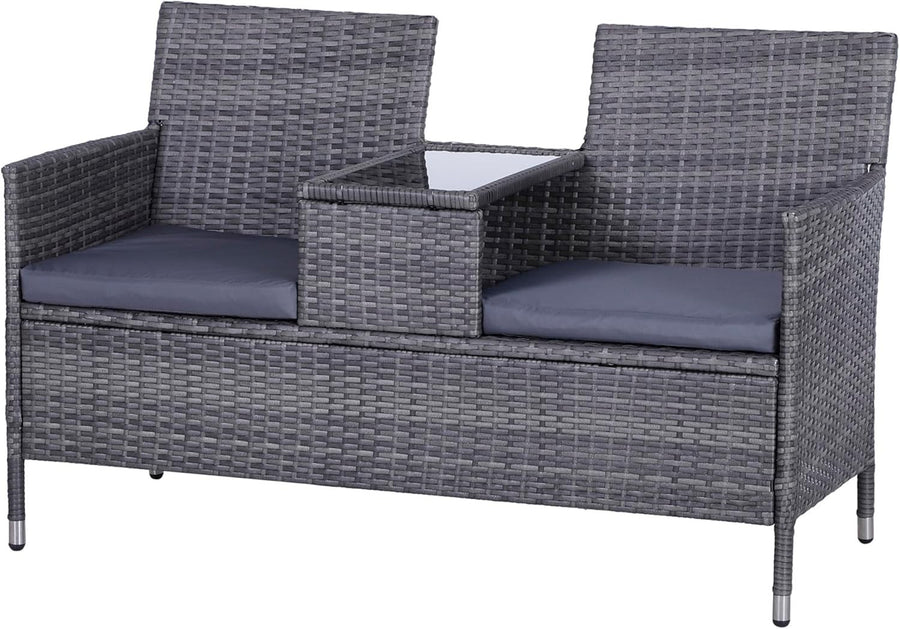 2-Seater Outdoor Rattan Garden Sofa with Cushions & Table, Grey Patio