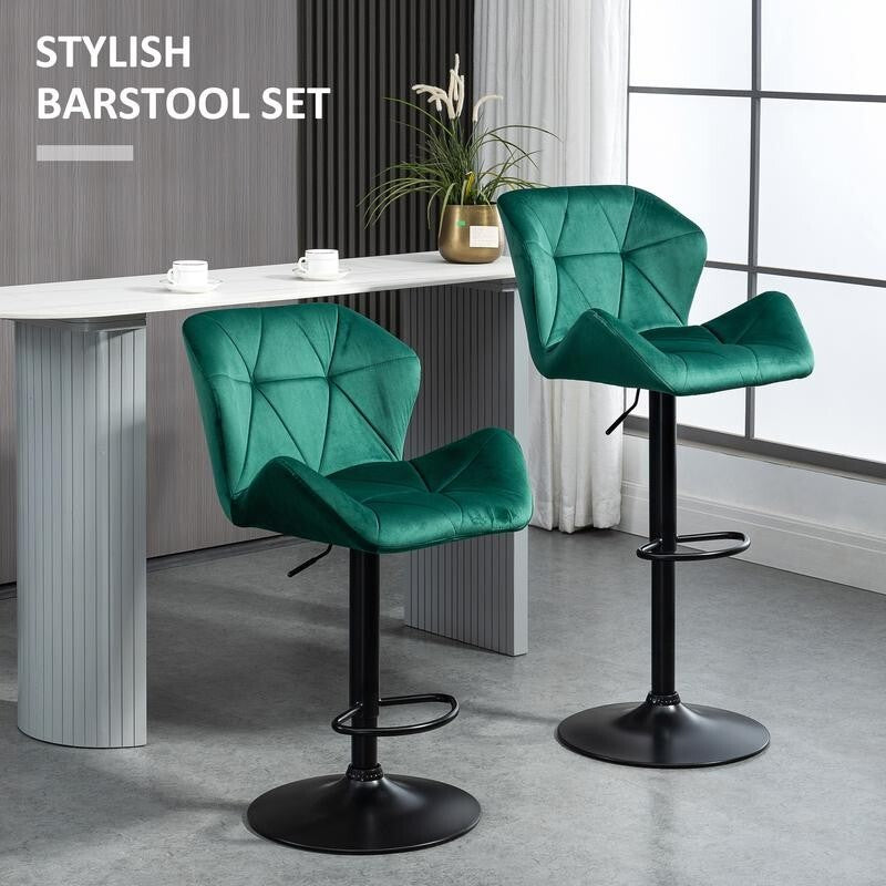 2x Green Velvet Bar Stools Adjustable Swivel Chairs with Footrest