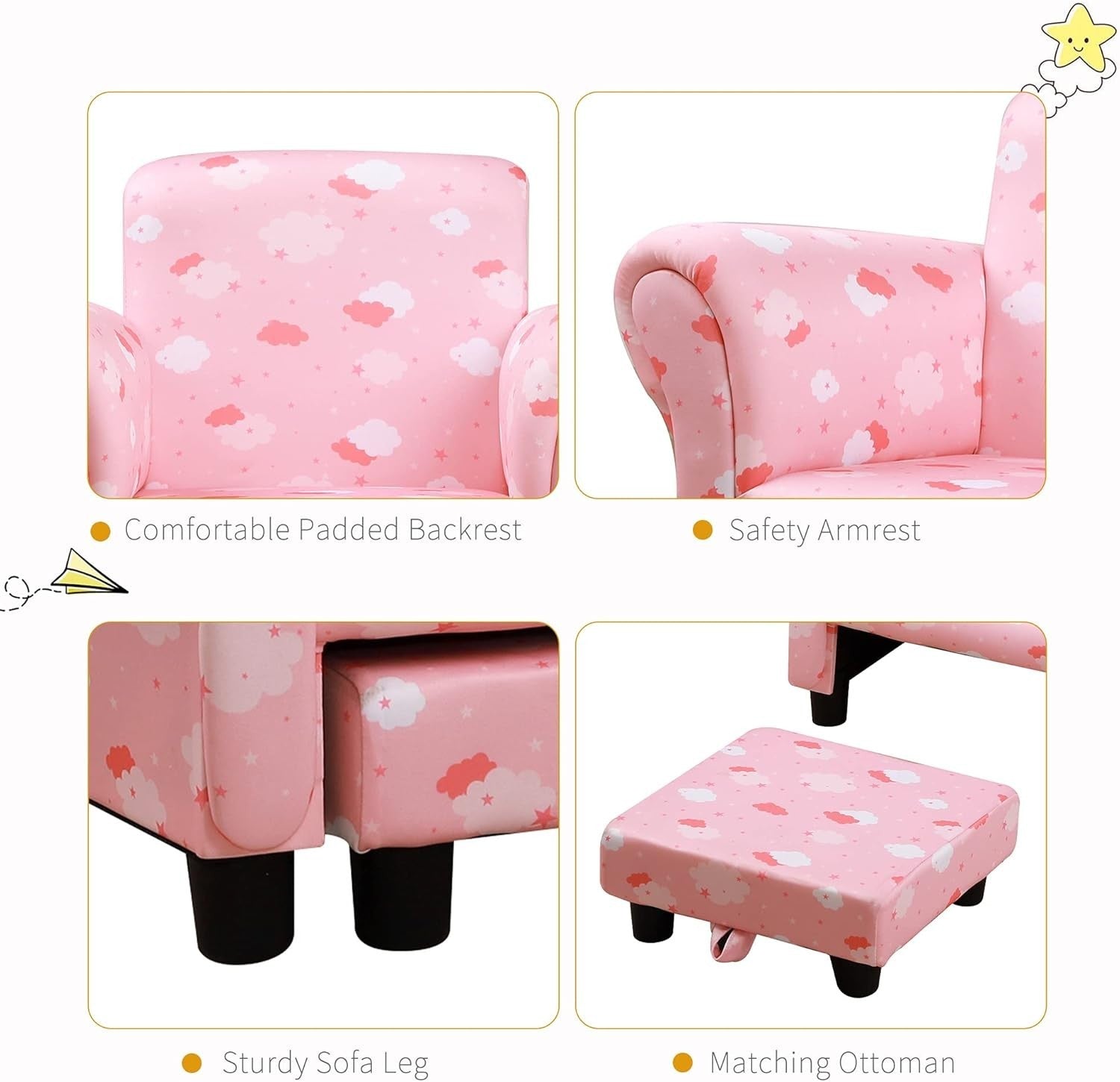 Toddler Armchair with Footrest Kids Sofa Chair Pink Cloud Star Design 18-36M