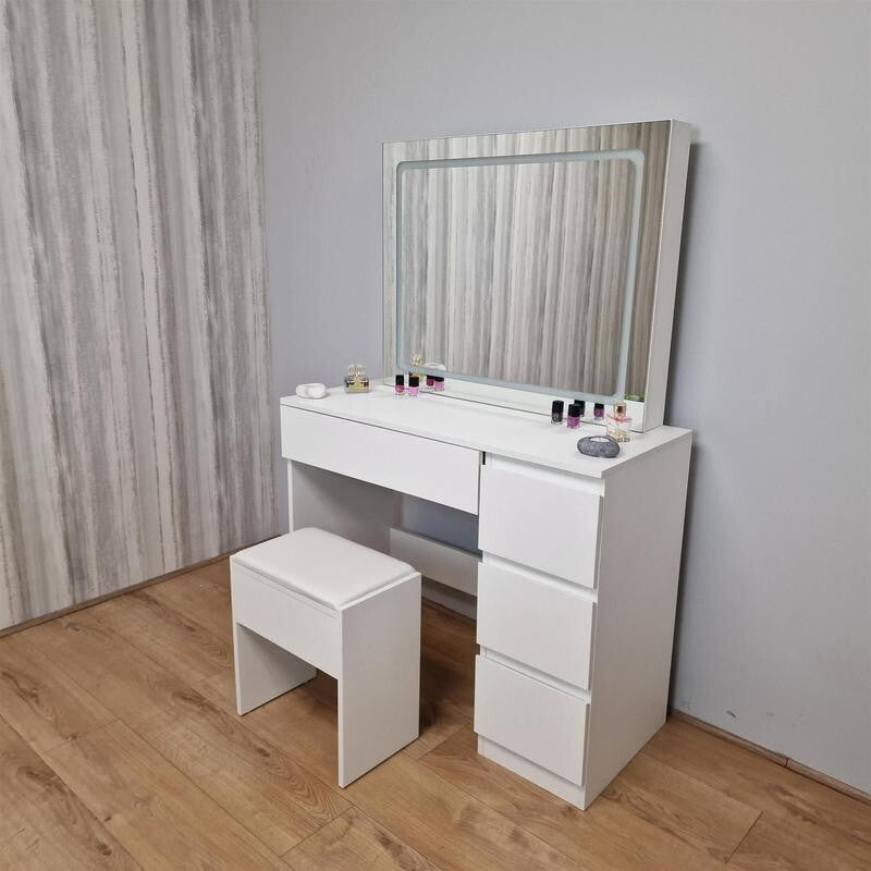 LED Vanity Dressing Table with Mirror & Stool, Makeup Desk w/ Drawers