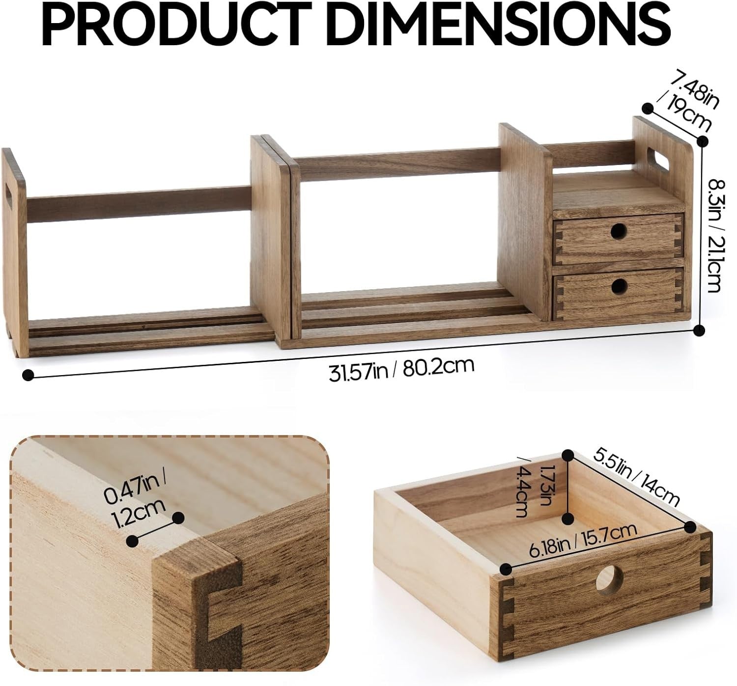 Expandable Wooden Desktop Bookshelf with Drawers – Adjustable Organiser