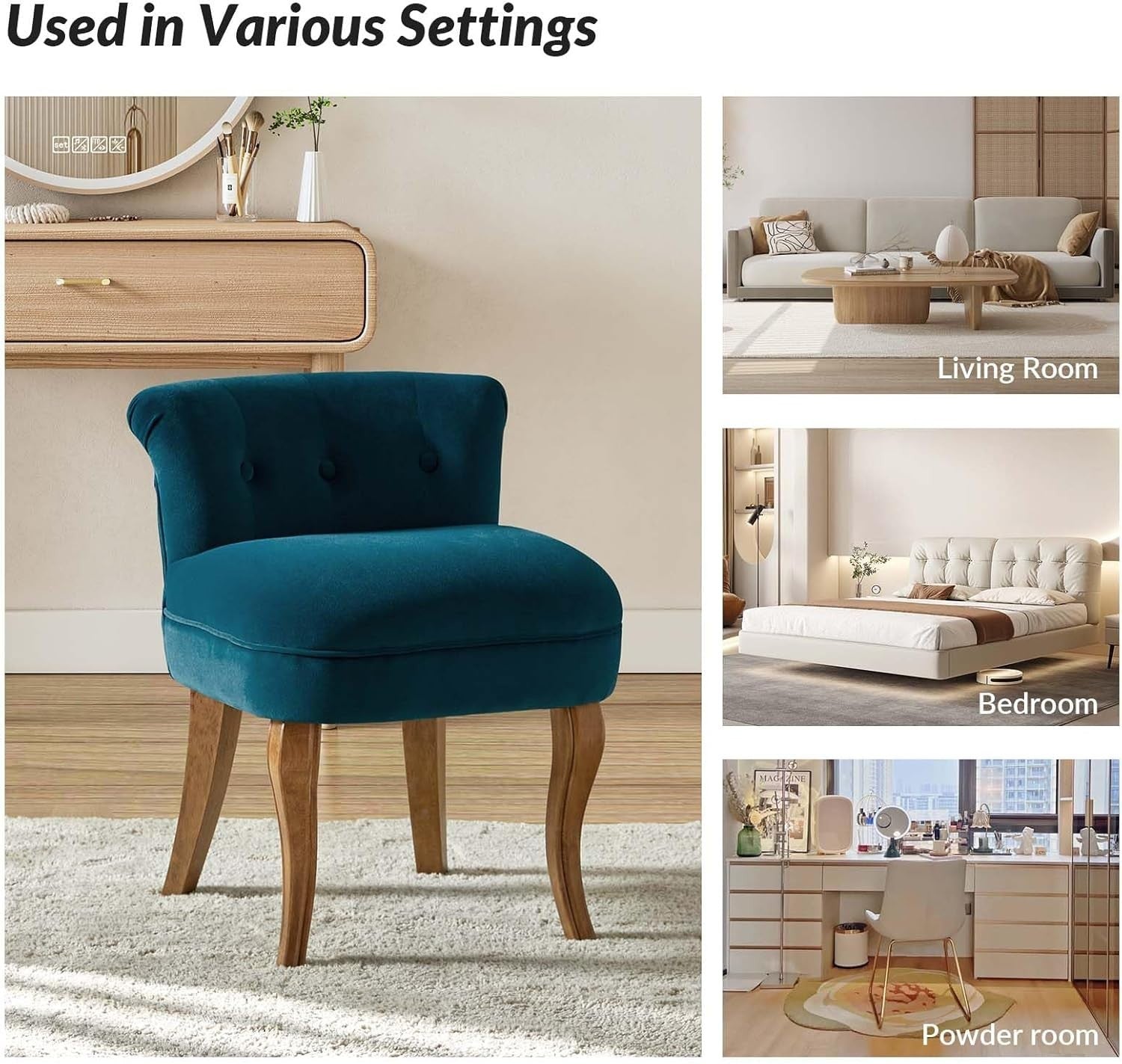 Set of 2 Teal Velvet Upholstered Vanity Chairs – Barrel Back with Wood Legs