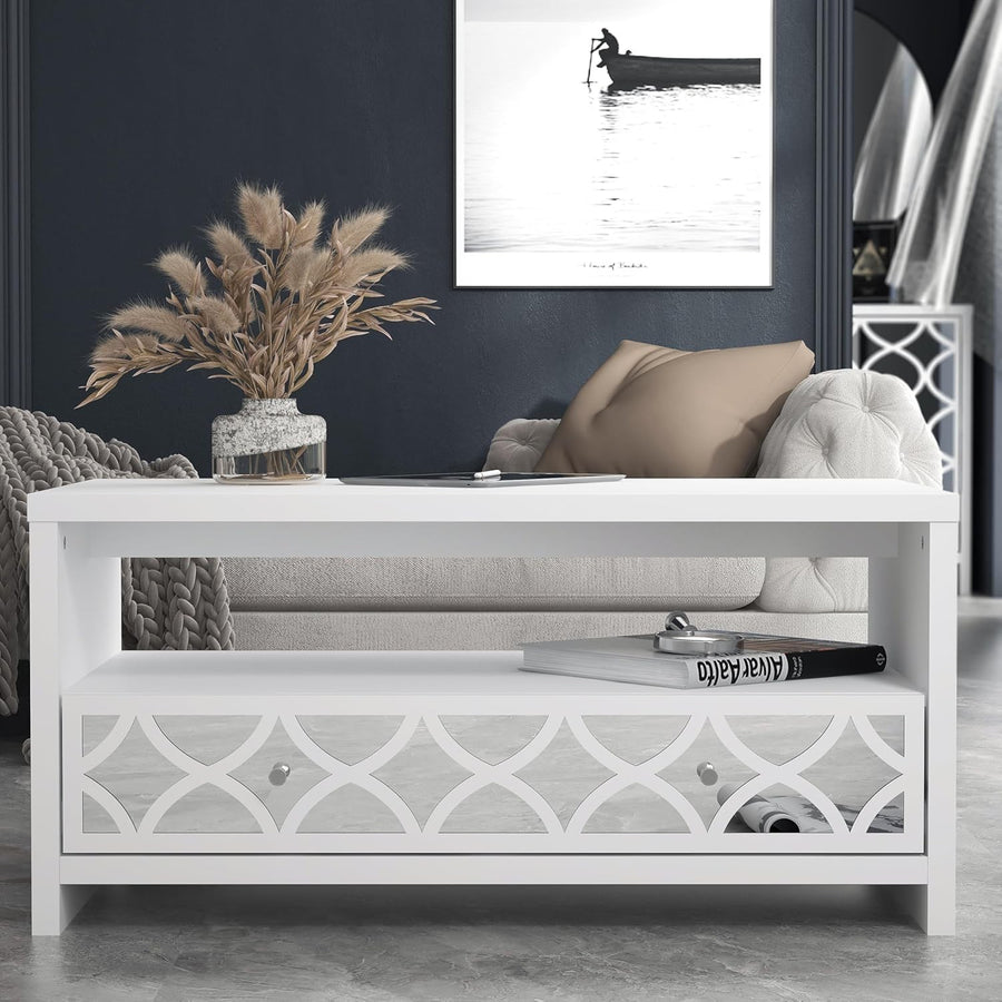 Modern Mirrored Coffee Table with Drawer – Space-Saving White Storage