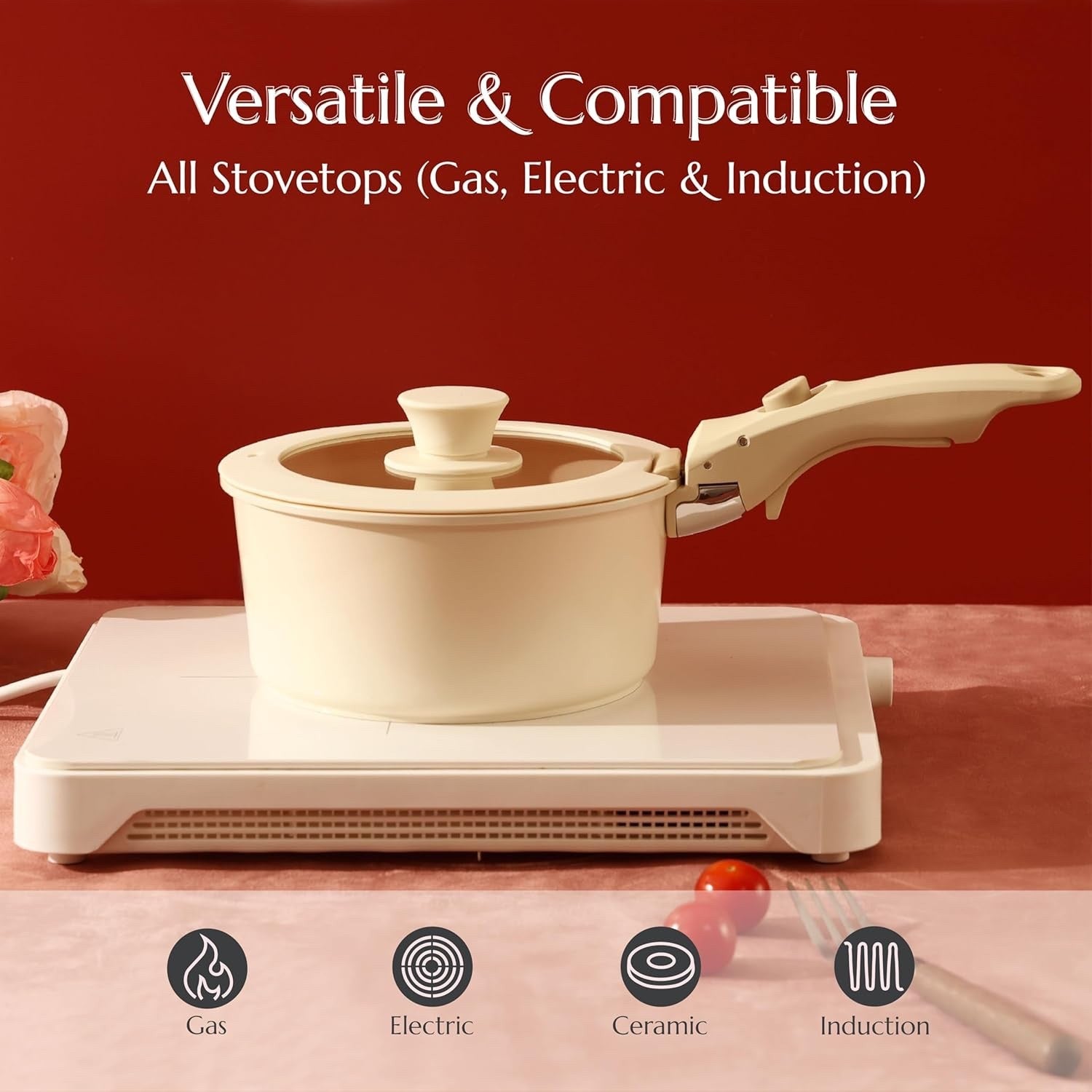 5pcs Cream Ceramic Cookware Set Removable Handle Induction & Oven Safe