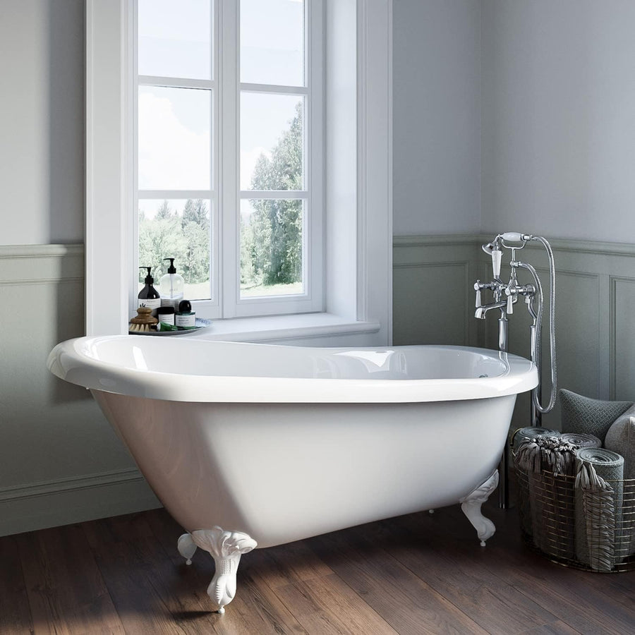 1550x725mm Single Ended Freestanding Slipper Bath White Acrylic Pink Feet