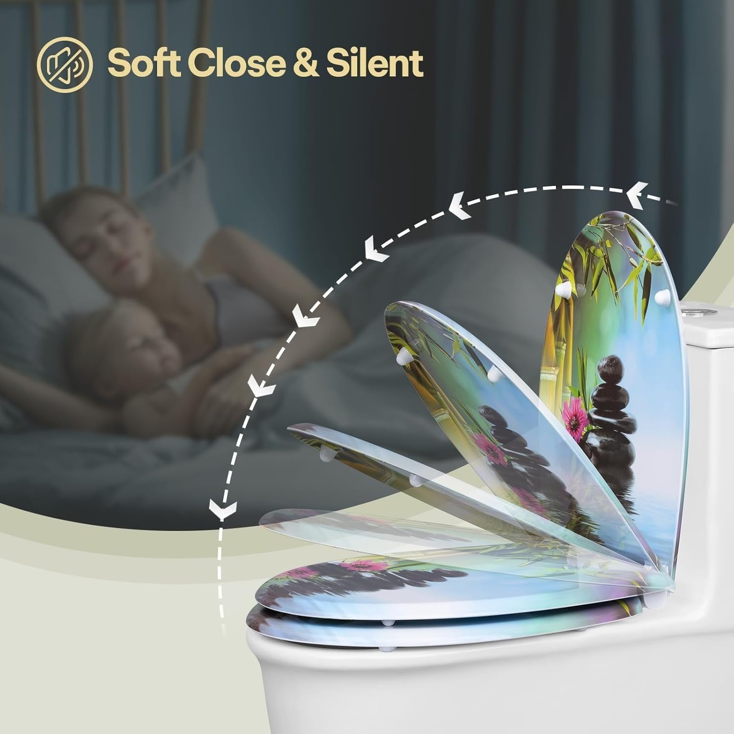 Soft Close O-Shaped Toilet Seat Quick Release Duroplast Stones & Flower Print