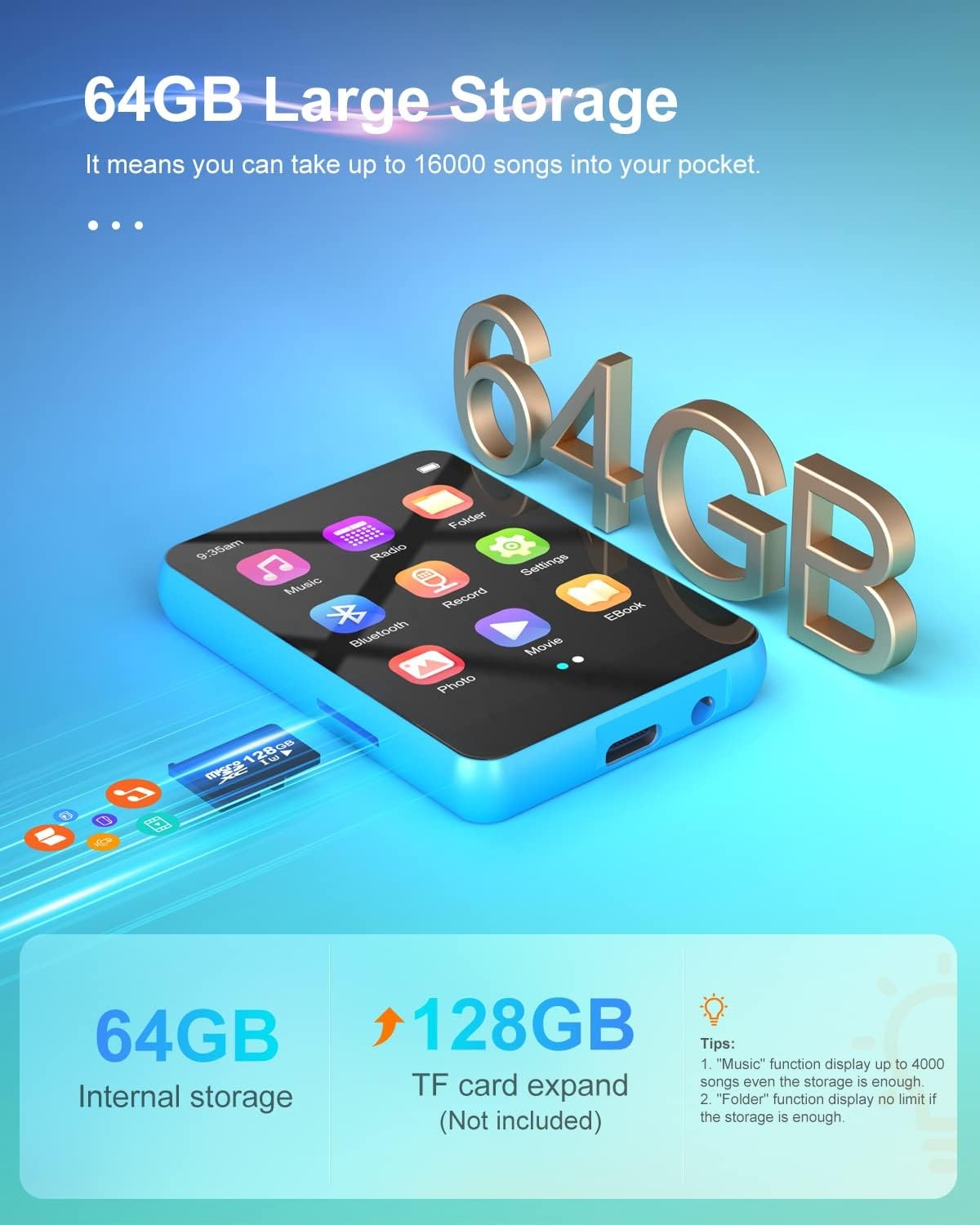 64GB MP3 Player Bluetooth 5.3 2.4" Touch Screen FM Speaker