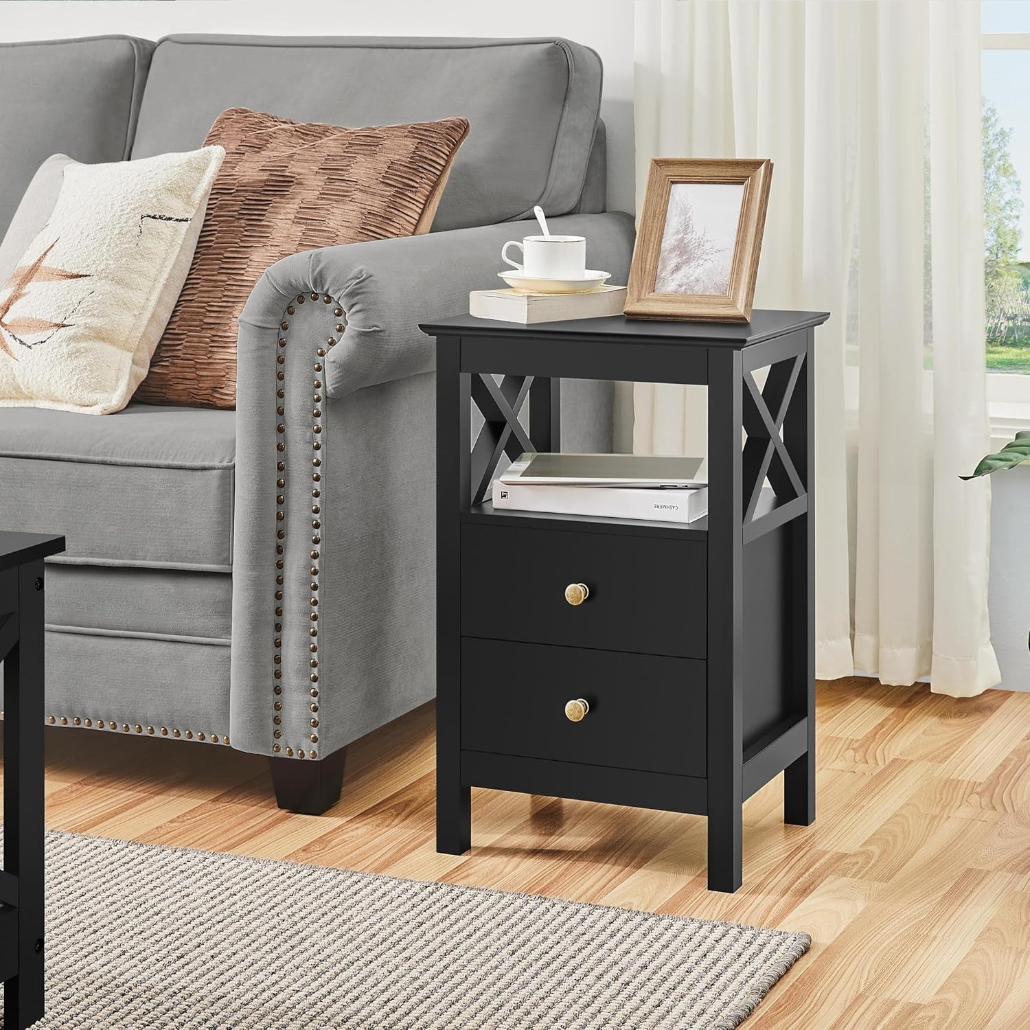 Modern Black Bedside Table with Drawers & Open Shelf – X-Design Nightstand 30x40