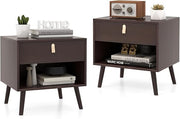 Mid-Century Bedside Tables Set of 2 with Drawer & Shelf, Solid Wood Legs
