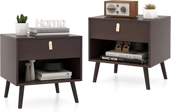 Mid-Century Bedside Tables Set of 2 with Drawer & Shelf, Solid Wood Legs
