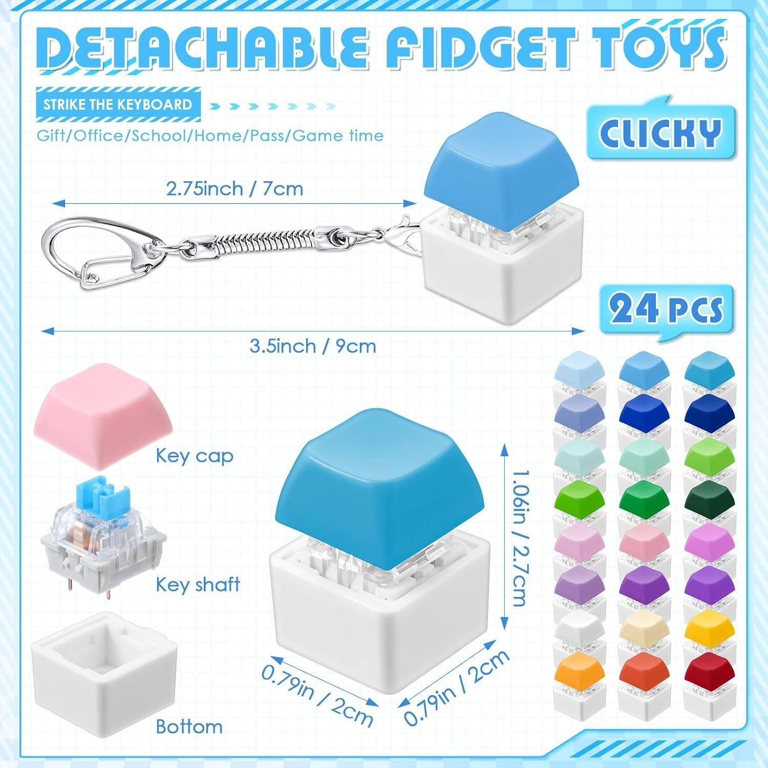 24pcs Keyboard Clicker Fidget Keychain Mechanical Stress Relief Toy