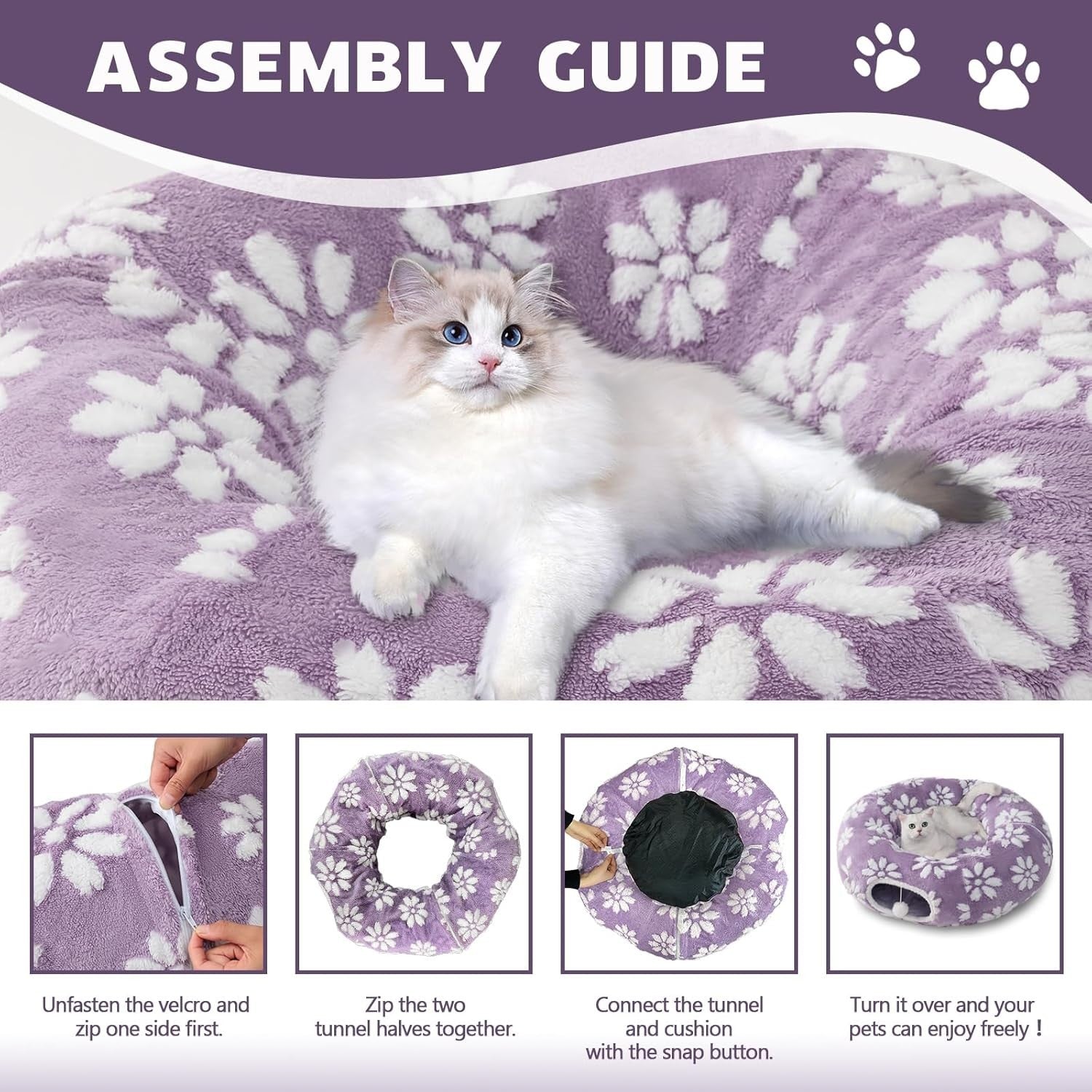 Cat Donut Tunnel Bed Peekaboo Cave w Cushion & Hanging Ball Purple