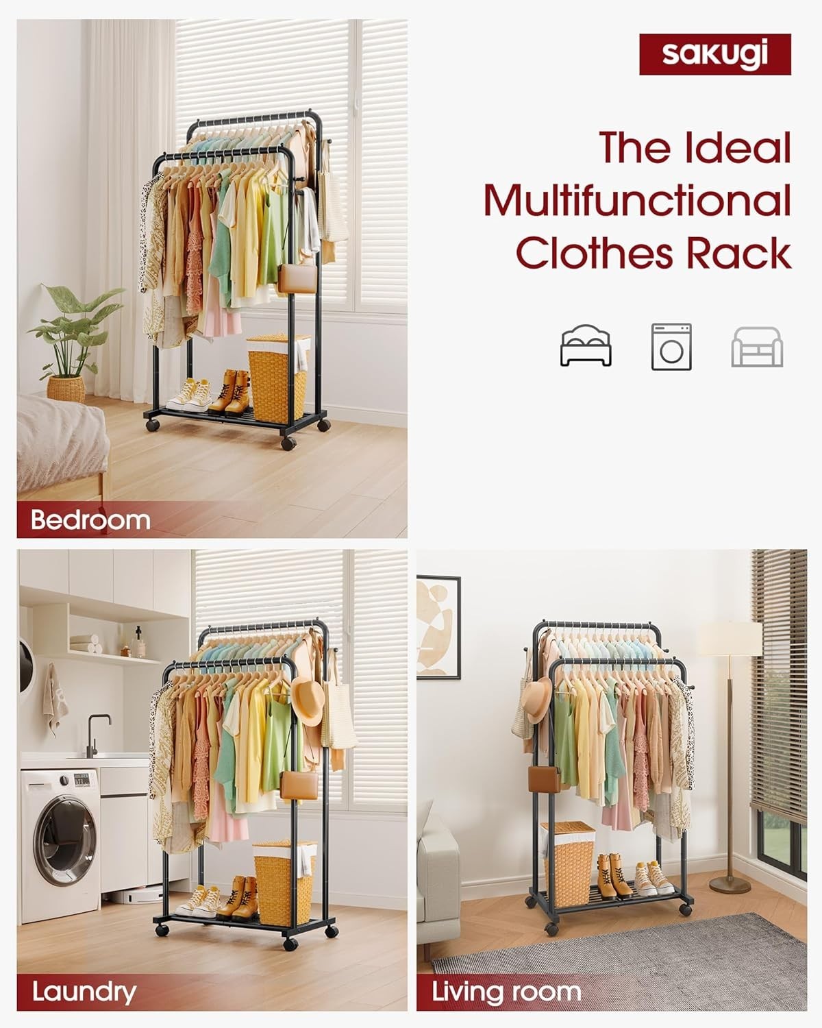 Double Rod Clothes Rail with Shelf & Hooks – Black 150cm