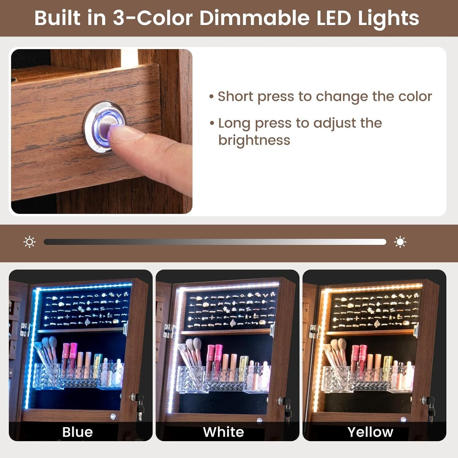 Rustic Brown LED Jewellery Cabinet Full Length Mirror Adjustable Lockable