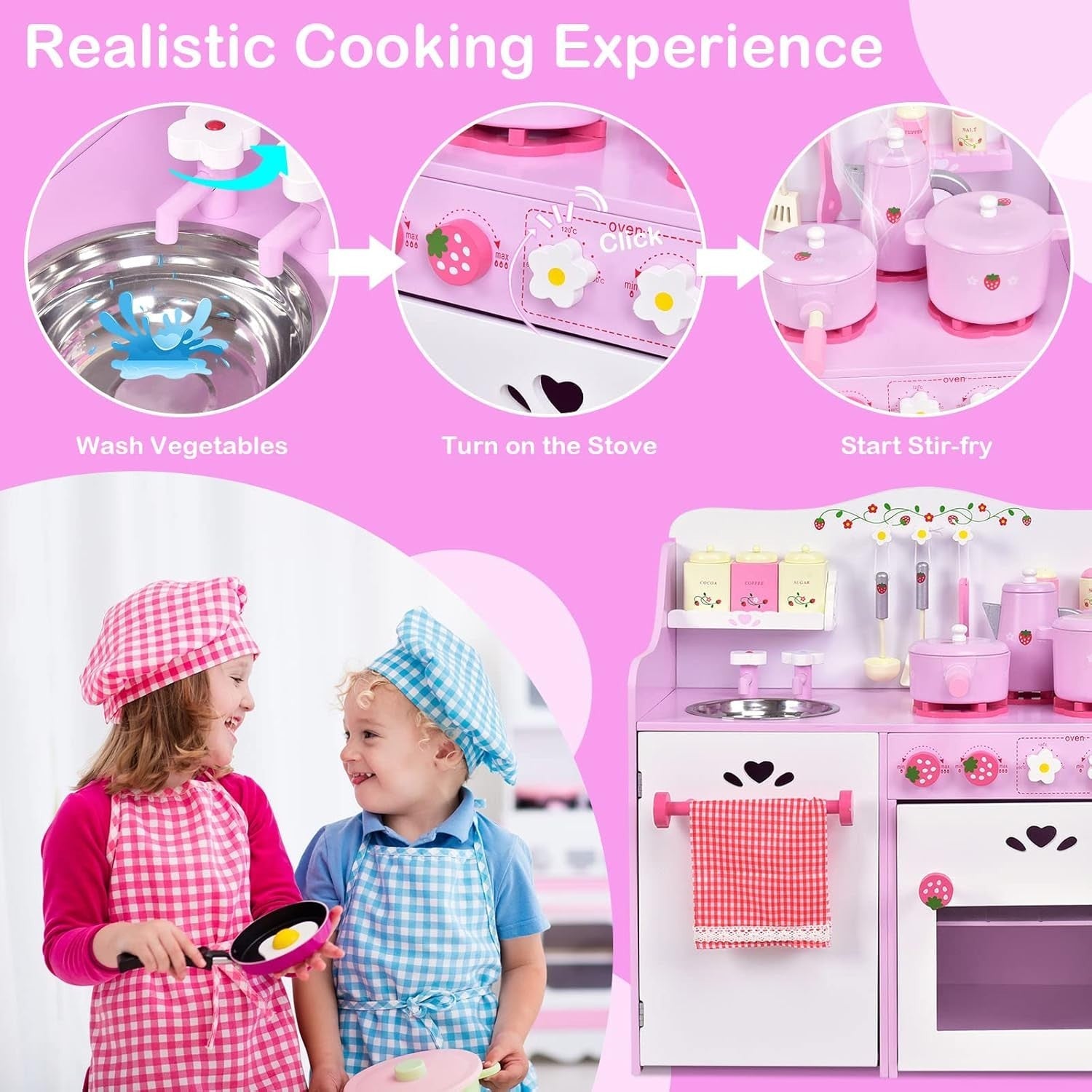 Kids Wooden Play Kitchen Pink Pretend Cooking Set w/ 13 Accessories