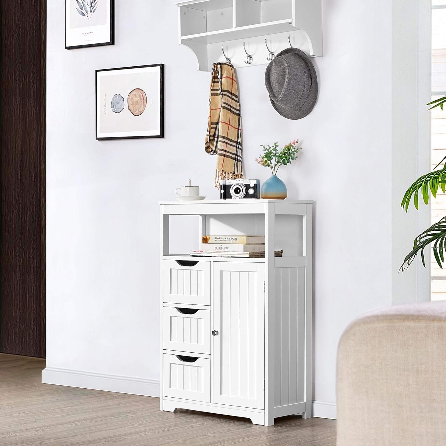 White Bathroom Storage Cabinet with 3 Drawers & Door Freestanding Unit