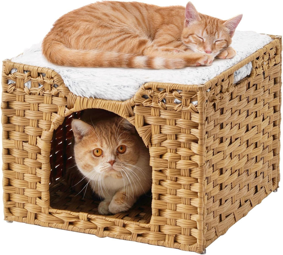 Handwoven Rattan Cat Cave Foldable Indoor Kitten Bed Hideaway Cube