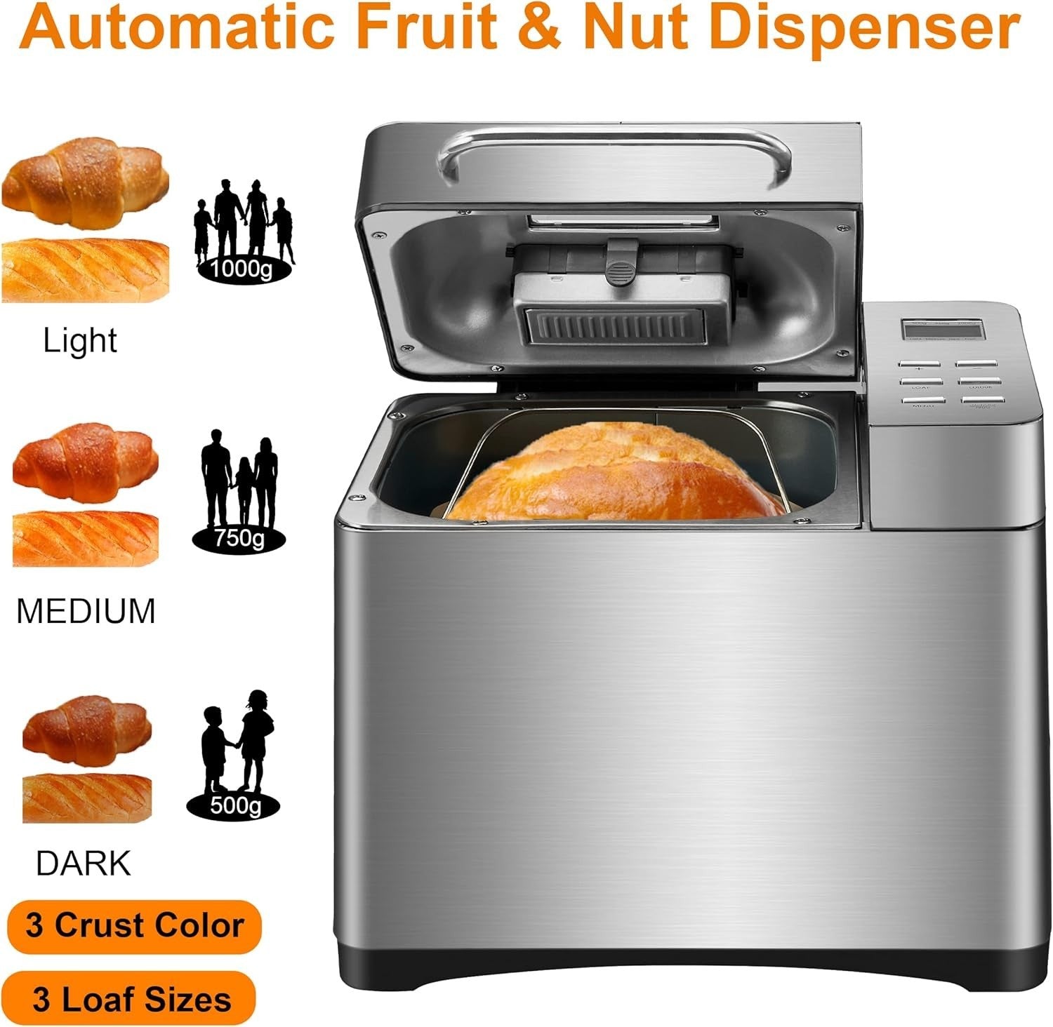 Stainless Steel Bread Maker 1kg 19 Programs Gluten-Free Jam Nut Dispenser