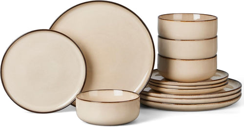 12pc Stoneware Dinner Set Latte Khaki Plates Bowls Reactive Glaze