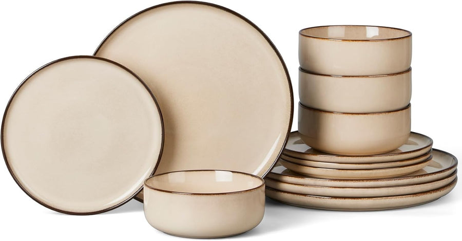 12pc Stoneware Dinner Set Latte Khaki Plates Bowls Reactive Glaze