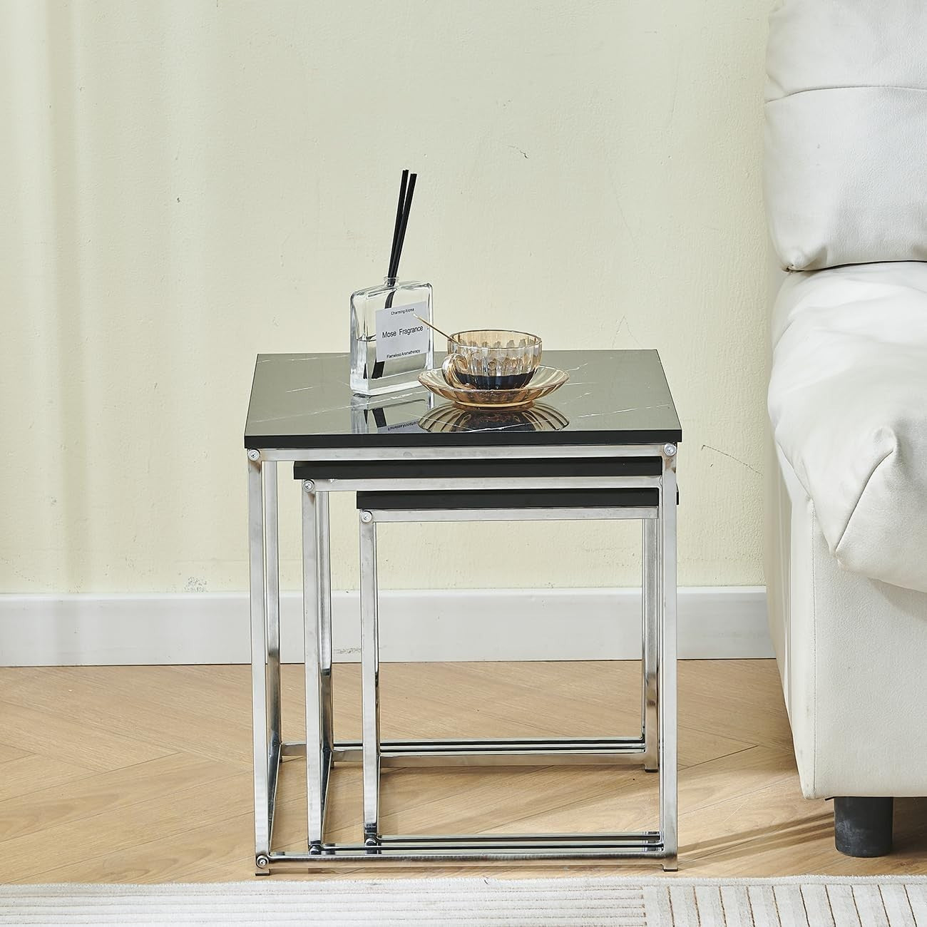 Set of 3 Black Marble Nesting Coffee Side End Tables Space Saving Storage